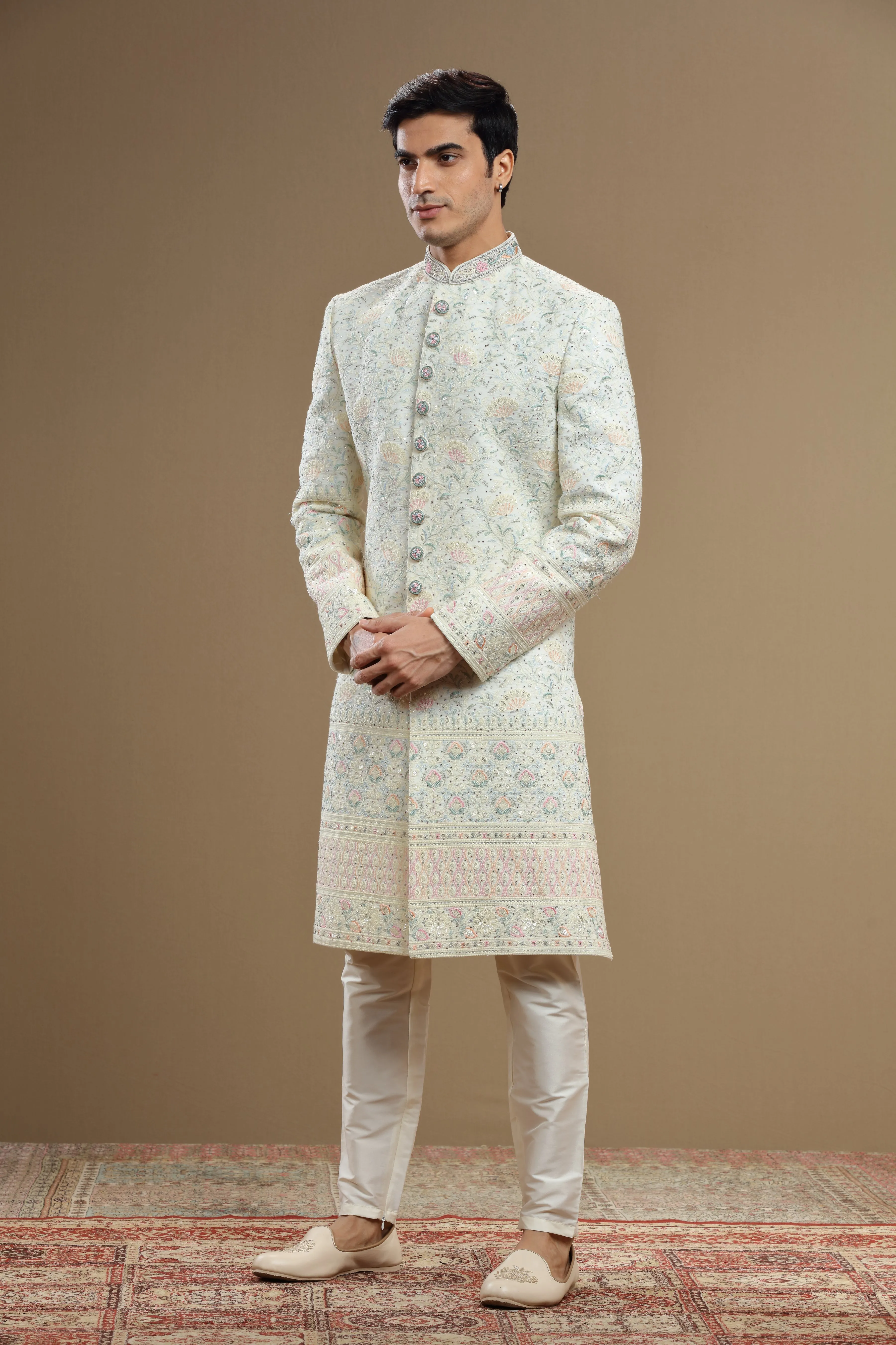 Multi color embroidered Silk  floral sherwani set