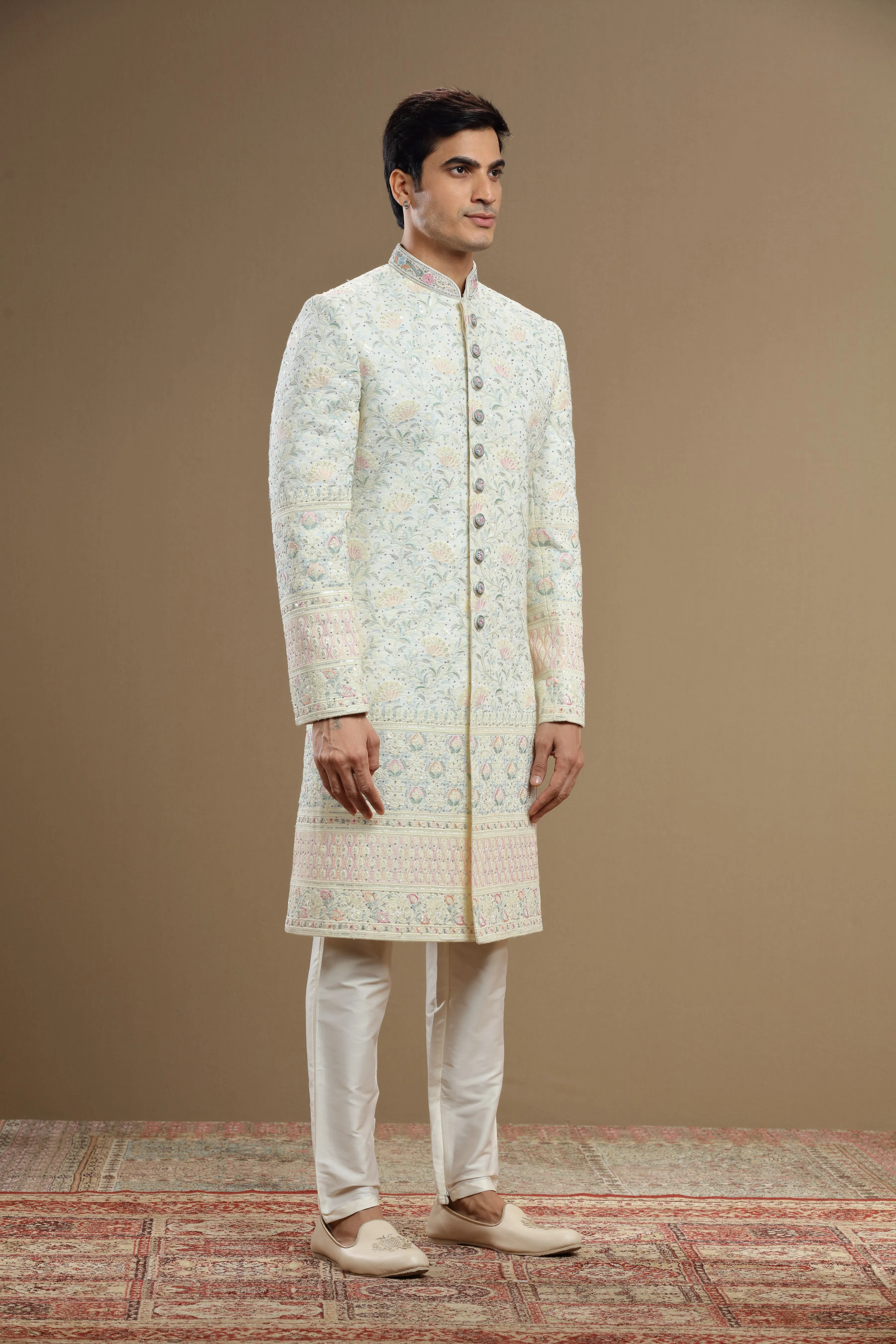 Multi color embroidered Silk  floral sherwani set