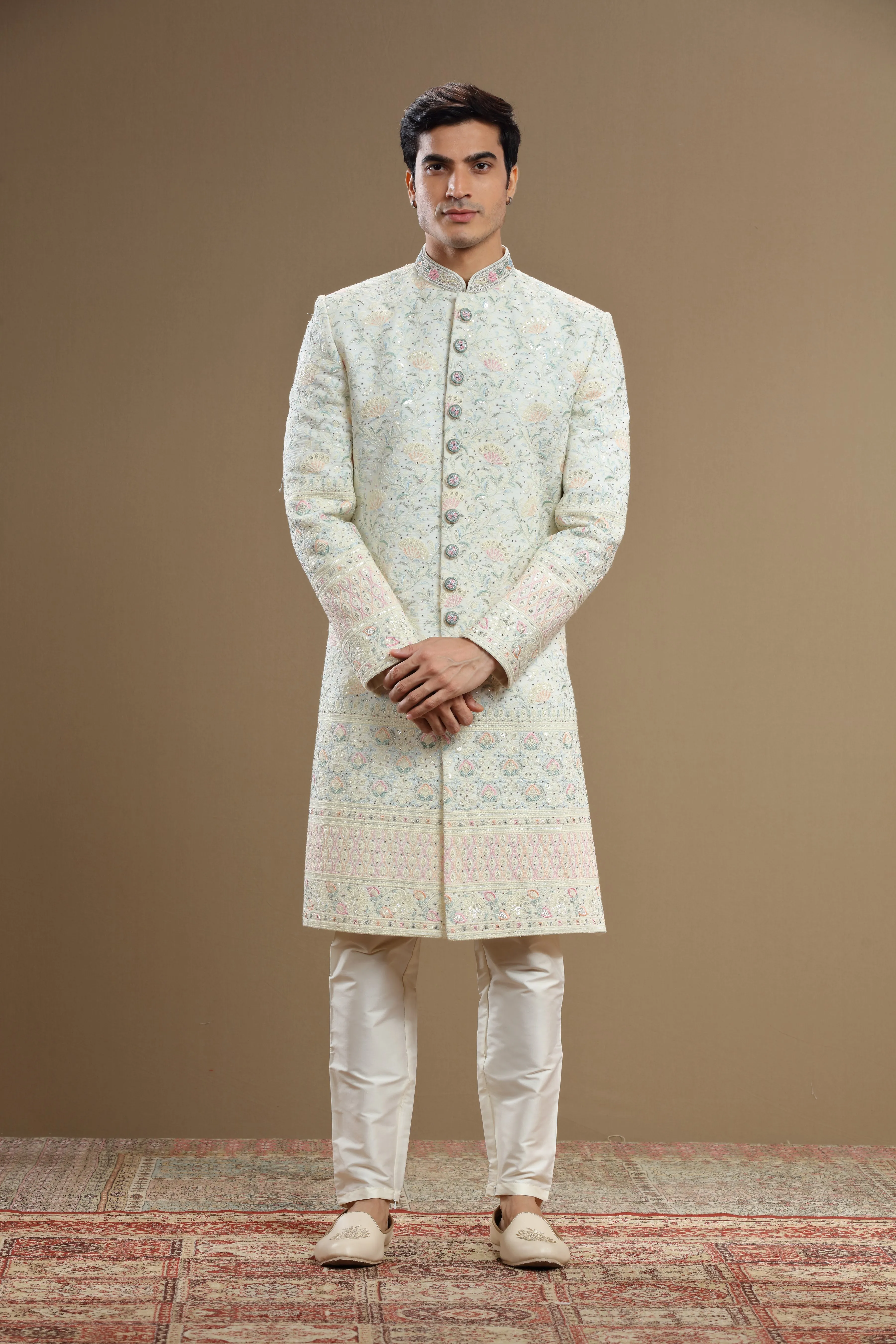 Multi color embroidered Silk  floral sherwani set