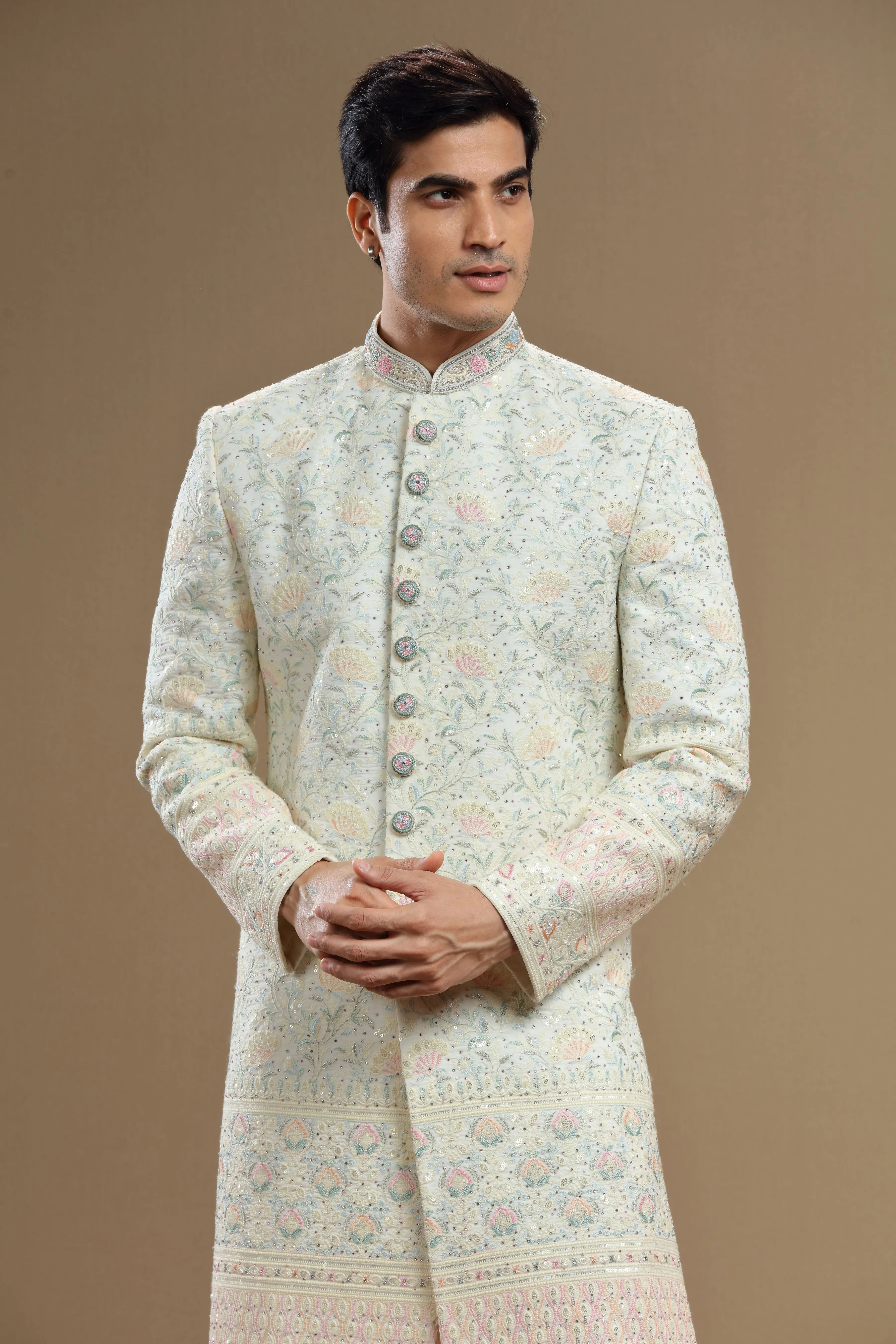 Multi color embroidered Silk  floral sherwani set