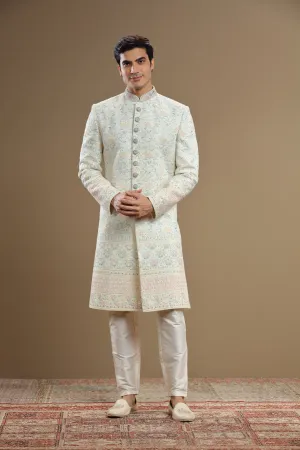 Multi color embroidered Silk  floral sherwani set