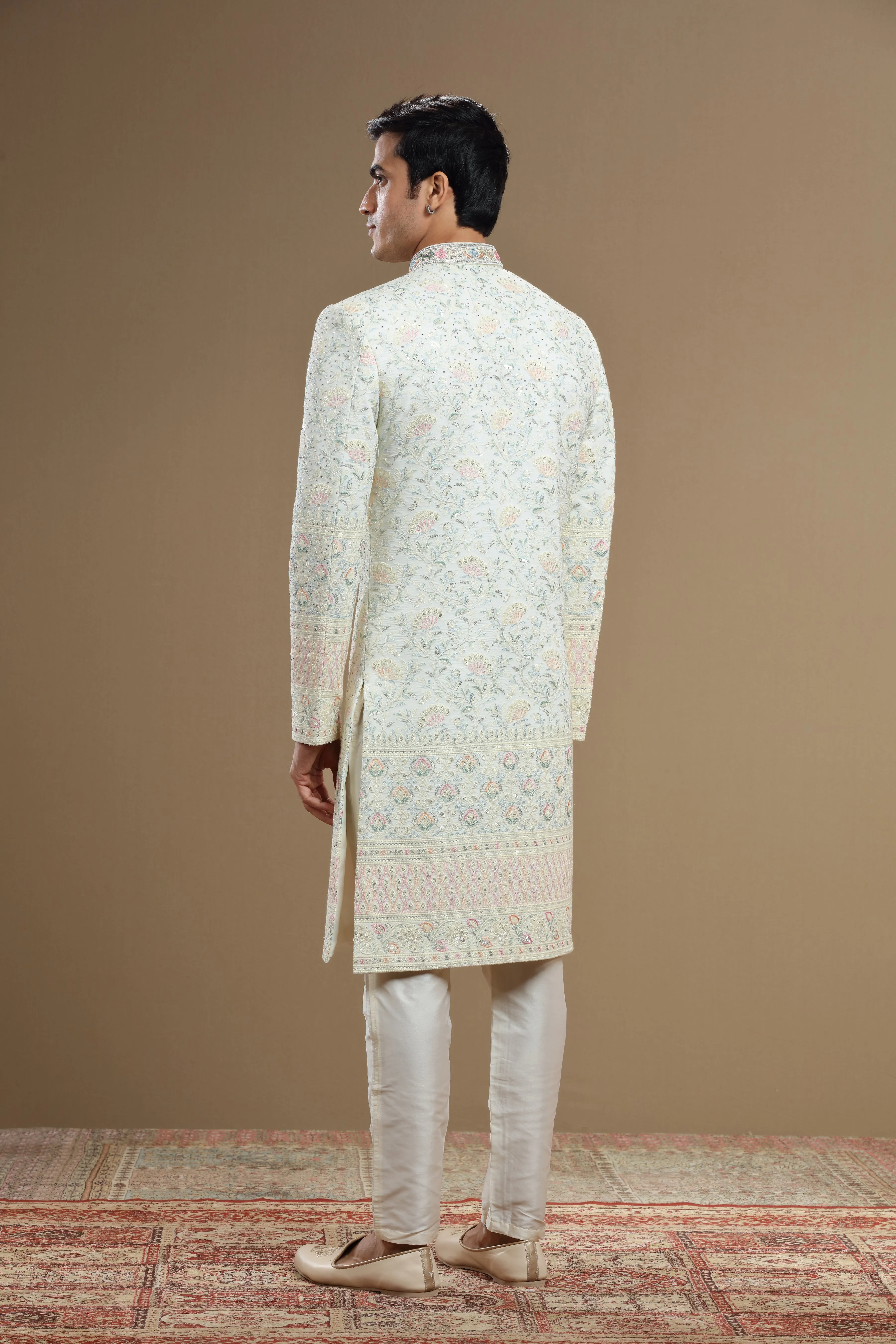 Multi color embroidered Silk  floral sherwani set