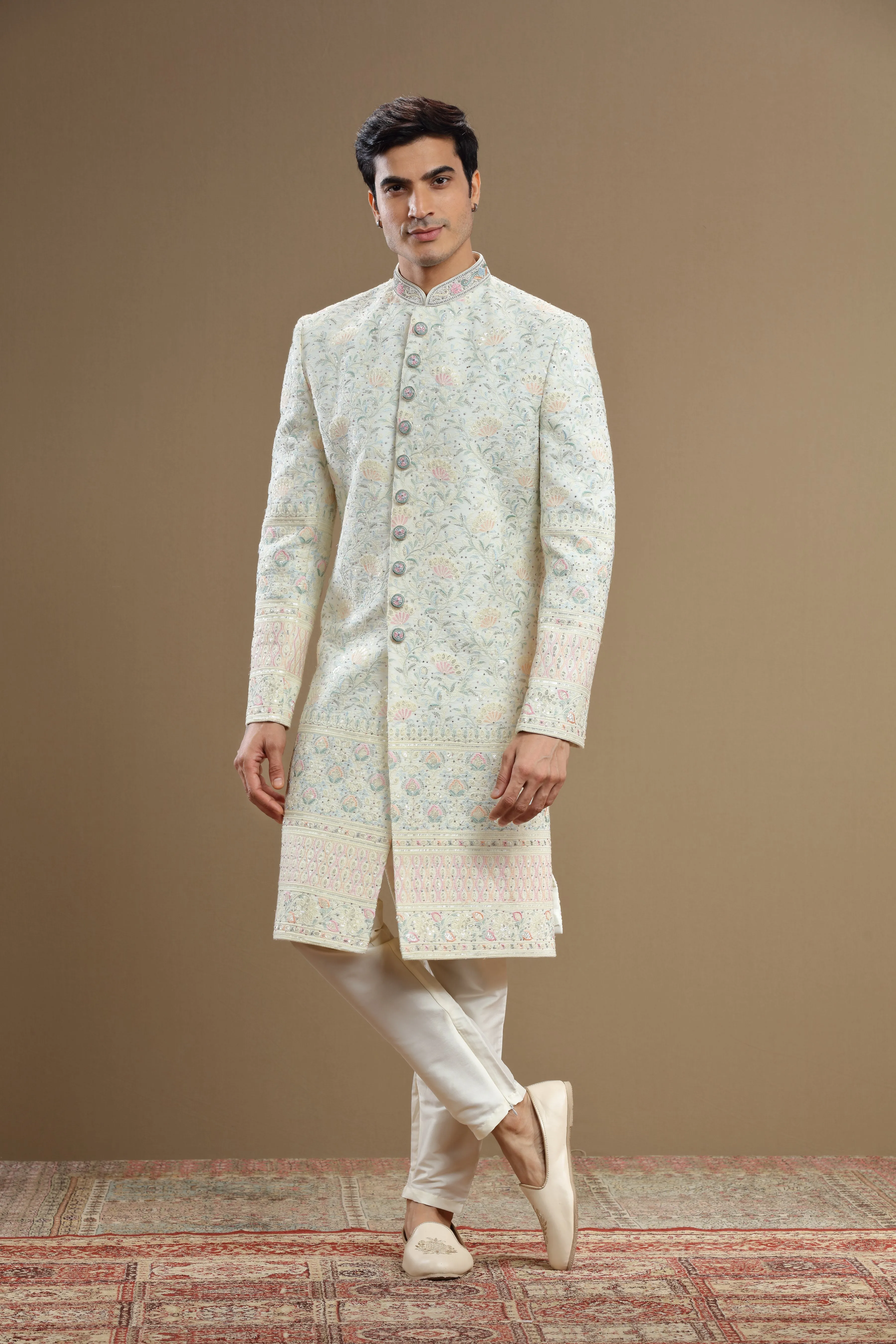 Multi color embroidered Silk  floral sherwani set