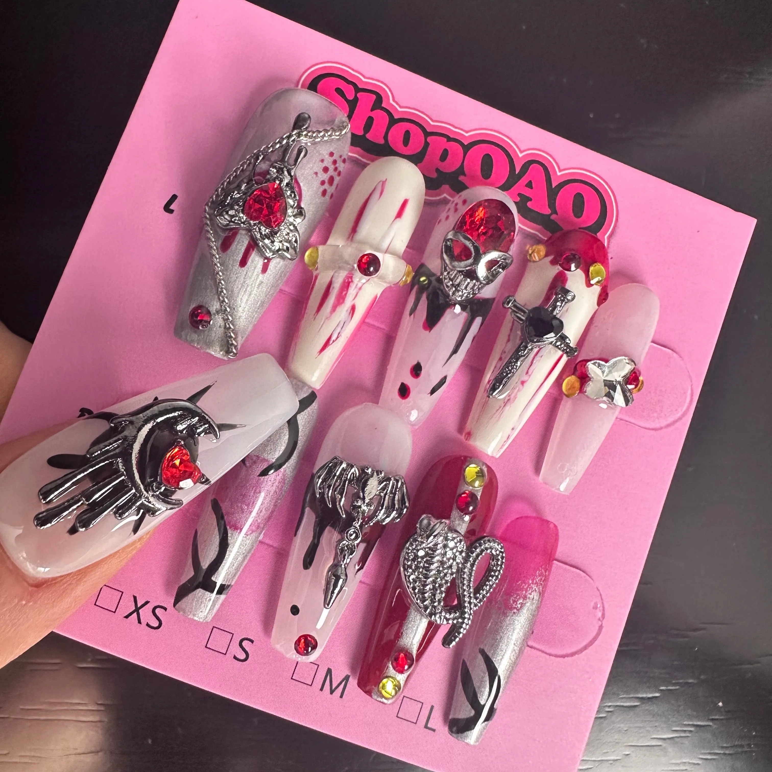 Retro Punk Heart Chain | Red Rhinestone and Pearl Press-On Nails – Gothic with Dark Spider Accents