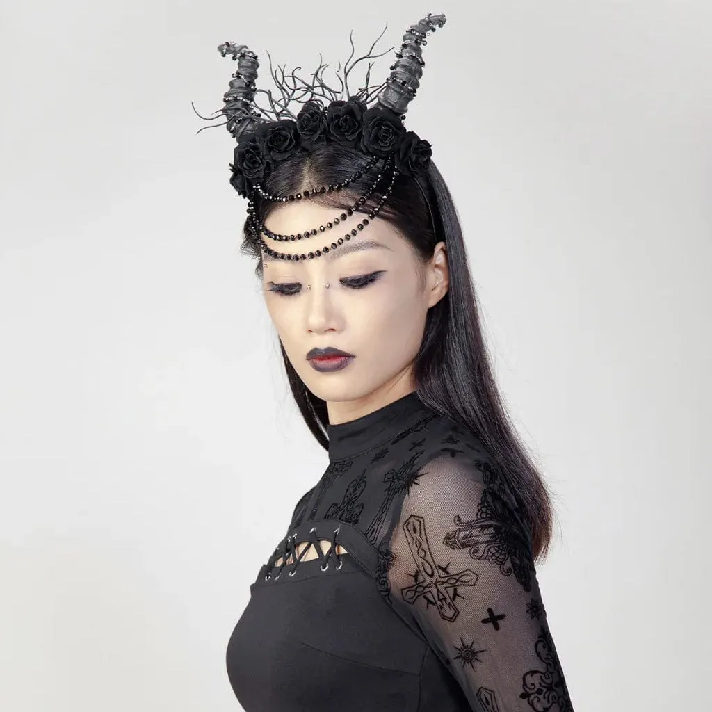 Women's Gothic Horned Beaded Rose Headwear