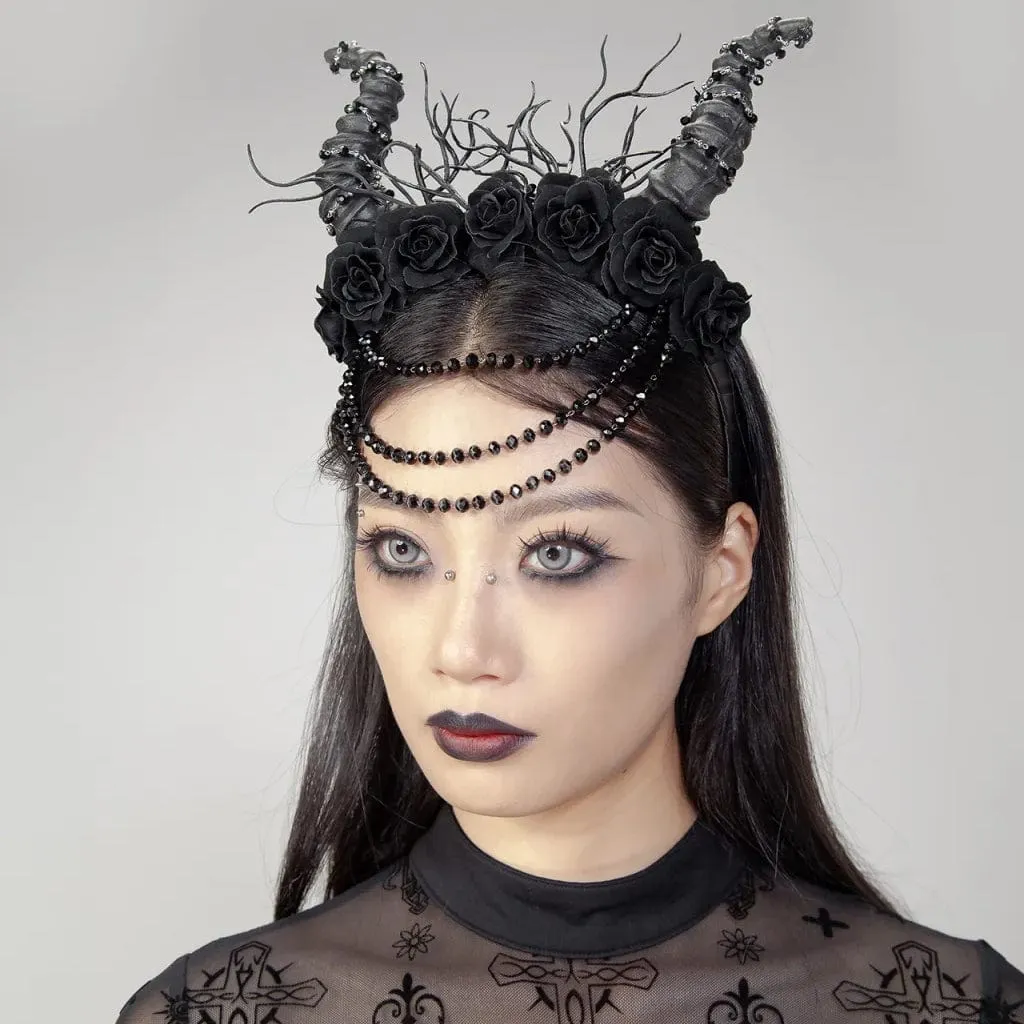 Women's Gothic Horned Beaded Rose Headwear