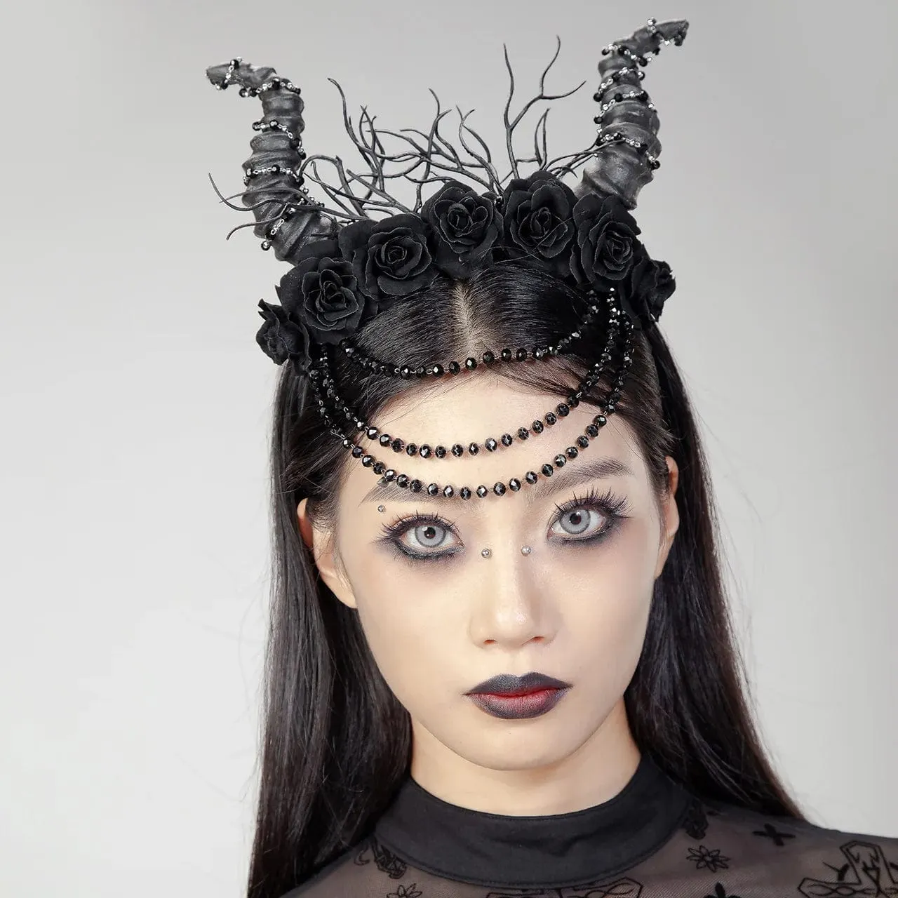 Women's Gothic Horned Beaded Rose Headwear